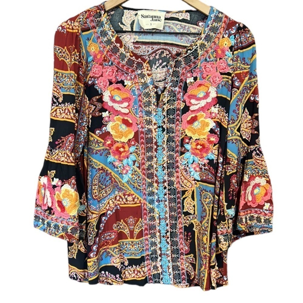 Savanna Jane Floral Embroidered Boho Paisley Black Top Size Small - Picture 3 of 9